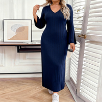 Robe modeste en tricot pour femmes grandes tailles, col en V, manches évasées, tenue décontractée élégante au quotidien, tissu confortable en polyester, 1XL-5XL