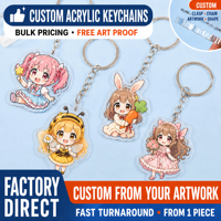 Porte-clés acrylique anime mignon, faible MOQ, prix usine, acrylique transparent 3mm, impression UV haute résolution, mousqueton à partir d'1 pièce