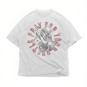 T-shirt graphique mains en prière et billets de banque, style gothique Y2K, effet délavé vintage, coupe oversize, unisexe, streetwear - Product Image 3