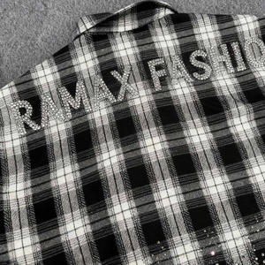 Camisa de Franela con Diseño de Rejilla de Diamantes de Imitación, Estilo Urbano Otoñal, Personalizada de Fábrica OEM, Oversize, Vintage, de Corte Cuadrado, Manga Larga, Secado Rápido, con Gráficos - Product Image 2