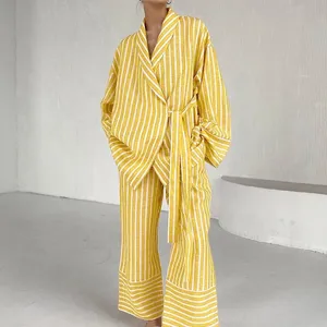 Custom Casual Yellow Stripe Home Suits Elegant High Waist Wide Pants Set Fashion Long Sleeve Shirts Two Piece Set Women Outfit