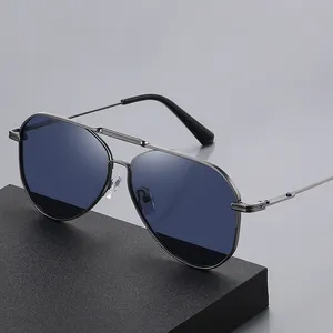 Gafas de Sol de diseñador de marca con borde completo de doble barra de piloto marrón polarizado degradado para hombre de acero inoxidable Premium 2024