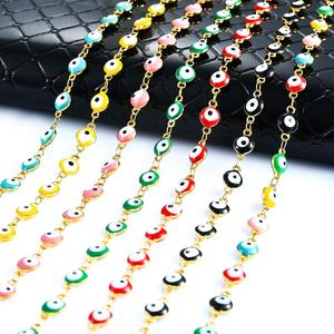 Collier en acier inoxydable œil turc maléfique de 6 mm de large, chaîne plaquée or, perles colorées, bijoux en émail pour femmes - Product Image 1