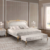 Lit King Size élégant blanc et or, cadre de lit en bois massif sculpté à la main, ensemble de meubles pour chambre principale