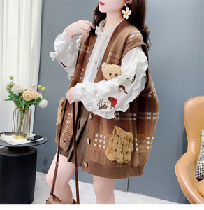 Gilet tricoté <span class=keywords><strong>sans</strong></span> manches pour femme, style rétro coréen, imprimé ours en peluche, avec logo frontal, élégant et rajeunissant, pour l'automne - Product Image 2