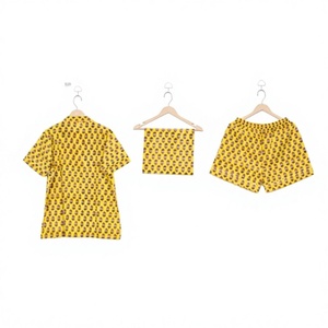 Women's Yellow Polka Dot Cotton Pajama <b>Set</b> Short Sleeve Shirt Shorts Elastic Waist Casual Summer Sleepwear <b>3</b>-<b>Piece</b> Woven Printed - Product Image 1