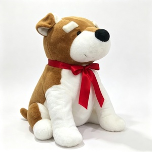 Peluche de chien assis personnalisée avec nœud rouge, adorable peluche de chiot brun et blanc, peluche de chien douce avec ruban rouge - Product Image 2