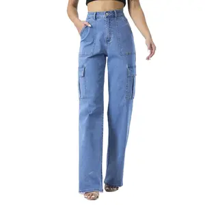 Pantaloni dritti in Denim da donna di alta qualità moda moderna blu donna a vita alta Jeans Cargo larghi