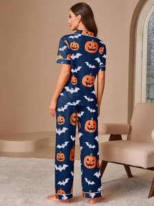 Pyjamas imprimés pour femmes en gros pour Halloween, haut à manches courtes et pantalon long, vêtements de nuit confortables pour femmes pour les fêtes et la maison - Product Image 2