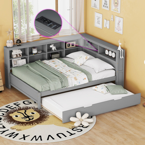 Cama Nido Moderna de Madera Tamaño Completo con Cama Auxiliar Individual, Cama Nido con Estante de Almacenamiento y Puertos de Carga USB para Dormitorio - Product Image 2