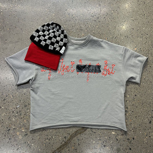 Heavyweight Pháp Terry bông cắt và may áo thun tùy chỉnh Rhinestone khoan Logo thả vai thô HEM quá khổ T-Shirt người đàn ông - Product Image 4