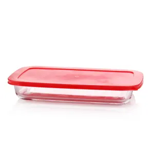 High quality heatproof glass baking dishes with silicone lid red color rectangle oven glass plate microwave safe glass tray
