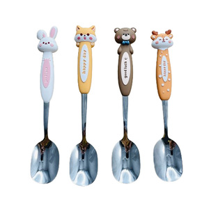 Cucchiaio Monouso per Bambini in Acciaio Inox 316 Placcato Oro con Testa in Silicone a Forma di Animale Cartone Animato Volpe Coniglietto Cerbiatto - Product Image 5