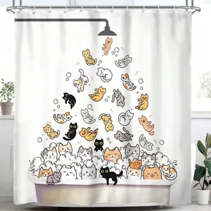 现代时装设计师涤纶防水浴室卡通猫图案浴帘带12pcs儿童挂钩