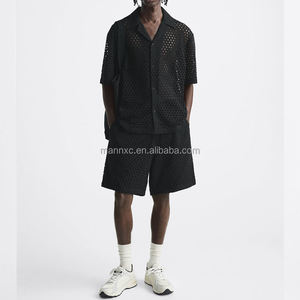 Cárdigan <span class=keywords><strong>de</strong></span> punto <span class=keywords><strong>de</strong></span> satén personalizado <span class=keywords><strong>de</strong></span> verano para hombre, Blanco abotonado para Polos con mangas cortas y pantalones cortos, conjunto superior con patrón impreso - Product Image 3