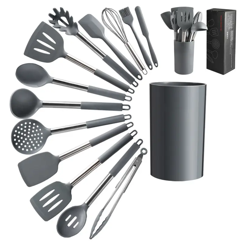 Hot Sell 14 Pieces Silicone Kitchen Cooking Utensils Set Food Grade Silicone Kitchenware With Stainless Steel Handle