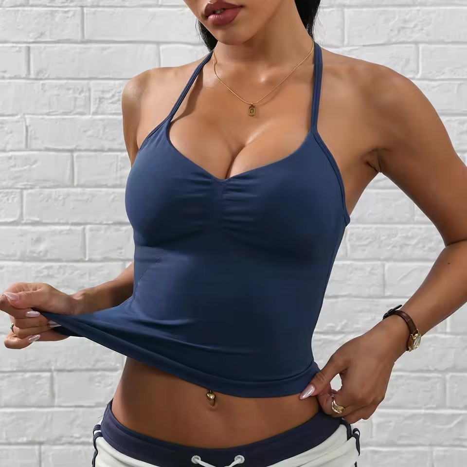Gym Top for Women Compression Yoga Vest Workout Sports Bra Seamless Deep V Halter Neck Vest Fitness Tank