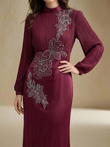 Women's High Neck Eid Muslim Fashion Satin Natural Maxi A-Line Abaya Bubble Sleeve Embroidery Side Slit Ramadan <b>Dubai</b> <b>Kaftan</b> - Product Image 6