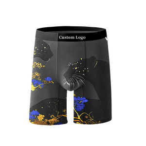 Boxers de sport en maille respirante pour hommes, grande taille, OEM, noir-or-bleu, sous-vêtements de luxe imprimés de panthères et de fleurs, design fin - Product Image 1