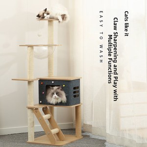 Modern <b>Wooden</b> Cat <b>Tree</b> 4 Levels With Scratching Posts And Enclosed <b>House</b> For Indoor Cats - Product Image 2