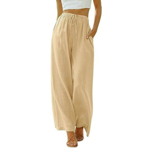 <span class=keywords><strong>Pantalon</strong></span> large décontracté en <span class=keywords><strong>lin</strong></span> pour femmes grandes tailles avec poches et cordon de serrage pour l'été - Product Image 2