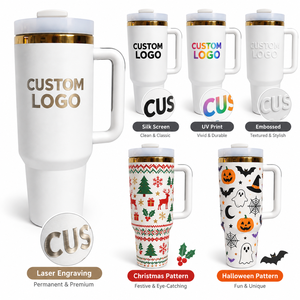 Tumbler Natalizio OEM da 40 oz, Grande Capacità, Acciaio Inox, Isolamento Sottovuoto, Doppia Parete, Bordo Dorato, con Manico e Cannuccia, Regalo per le Feste - Product Image 4