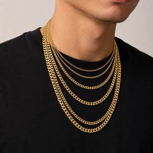 Collier gourmette Miami Cuban Link en acier inoxydable plaqué or rose véritable 14 carats, plaqué or, coupe diamant, 3/5/6/8 mm, pour hommes et femmes - Product Image 1