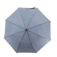 Parapluie pliant semi-automatique compact à 8 baleines, motif vichy bleu et blanc, pour usage quotidien, avec poignée longue manuelle et crochet en J