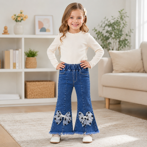 Jeans per Bambine 2026 Nuova Collezione Primavera-Autunno, <span class=keywords><strong>Pantaloni</strong></span> Lunghi Elasticizzati con Fiocco per Bambine - Product Image 3