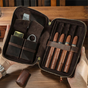 Portátil 7-Charuto Viagem Humidor Caso De Couro De Madeira Built-<span class=keywords><strong>in</strong></span> Agente Hidratante Slot Higrômetro Digital Inclui Cortador - Product Image 2