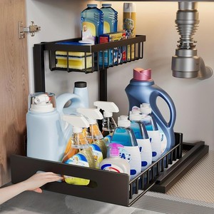 キッチンや洗面台の下に置く2段式防水多機能メタルキャビネットオーガナイザー - Product Image 5