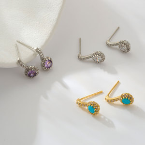 Luxury <b>Round</b> Zircon Stud Earrings 925 Silver <b>Posts</b> Micro Pave Inlay Everyday Wear - Product Image 1