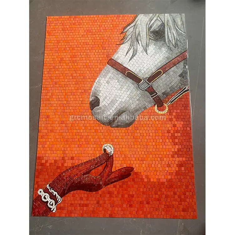 ציור קיר המלון מותאם אישית בעל חיים האכלת סוס זכוכית פסיפס קיר