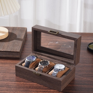 Boîte de rangement pour montres de style vintage haut de gamme avec cuir gaufré effet écorce, nouvelle construction à charnière arrière, étui de présentation à 3 compartiments - Product Image 1