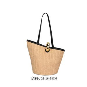 Borsa Tote <span class=keywords><strong>in</strong></span> Paglia Intrecciata Stile Designer di Lusso, Borsa a Secchiello <span class=keywords><strong>in</strong></span> <span class=keywords><strong>Rafia</strong></span> con Finiture <span class=keywords><strong>in</strong></span> Pelle, Borsa a Spalla Grande Capacità per Spiaggia Estiva - Product Image 6