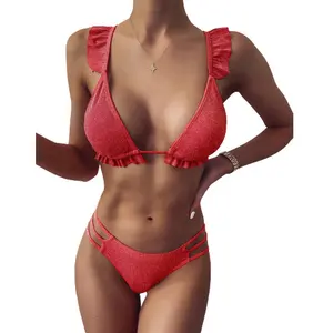 सेक्सी महिलाओं Swimwear के 2020 ठोस रंग लाल चमक के साथ बिकनी व्याकुल Hollowing आउट बिकनी