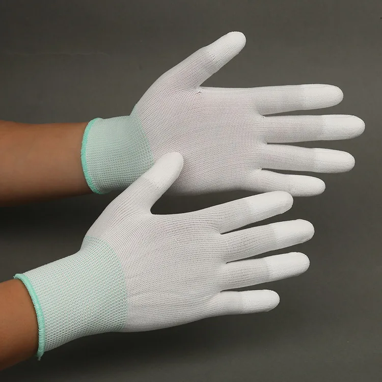 Hotsale Grey Pu Finger Coated Glowes Working Polyester glove de safety with pu coating for work