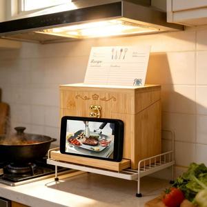 Caja de Almacenamiento de Tarjetas de Recetas de Madera con Soporte para Teléfono, Caja de Exhibición de Alimentos con Tapa Abatible y Cierre, Caja Rectangular de Madera Maciza Tipo Soporte - Product Image 1
