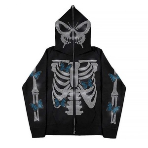 Sudadera con capucha de esqueleto con cremallera completa, de gran tamaño, estilo gótico Y2K, con diseño de máscara de mariposa de diamantes de imitación de alta calidad, de forro polar, personalizada. - Product Image 1
