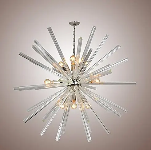 Mid-Century Modernist Murano Glass Rod crystal Sputnik Chandelier12 lights ponish nickel