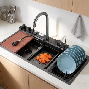 <span class=keywords><strong>Fregadero</strong></span> <span class=keywords><strong>de</strong></span> <span class=keywords><strong>Cocina</strong></span> <span class=keywords><strong>de</strong></span> Acero Inoxidable Personalizado <span class=keywords><strong>de</strong></span> Fábrica, Negro con Nano-revestimiento, <span class=keywords><strong>Doble</strong></span> Tazón, Multifuncional, Estilo Cascada - Product Image 1