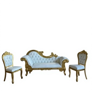 Victorian Style Gold Frame Blue Fabric <b>Sofa</b> Set with Two Chairs Stackable & Eco-Friendly for Commercial Hotel Use - Product Image 1
