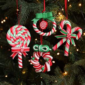 Ornements de Noël en argile souple en gros, décorations suspendues en forme de sucettes canne à sucre, ensembles cadeaux de Noël personnalisés en pastel - Product Image 3