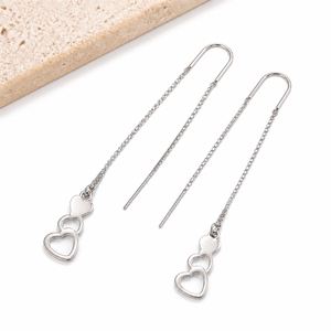 Boucles d'oreilles pendantes en acier inoxydable avec double cœur ouvert et longue chaîne, couleur acier - Product Image 1