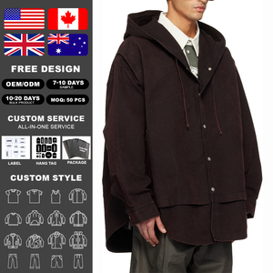 KingSen Men's Layered Design Oversized Hooded Jacket Vintage Washed Heavyweight Cotton Twill Workwear Style Streetwear Coat - Product Image 2