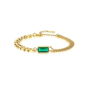 Woman Luxury Bangles Designer Jewelry Splicing Cuban Chain Rectangle Green CZ Zircon Stainless Steel Bracelet
