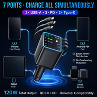 Chargeur de voiture 120W PD à charge rapide avec affichage numérique, câble télescopique cinq-en-un pour téléphone et allume-cigare