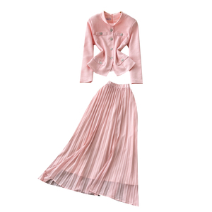 Elegantes Damen 2-Teiliges Outfit Stehkragen <span class=keywords><strong>Blazer</strong></span> Jacke Plissierter Maxirock Set für Frühling Herbst - Product Image 5