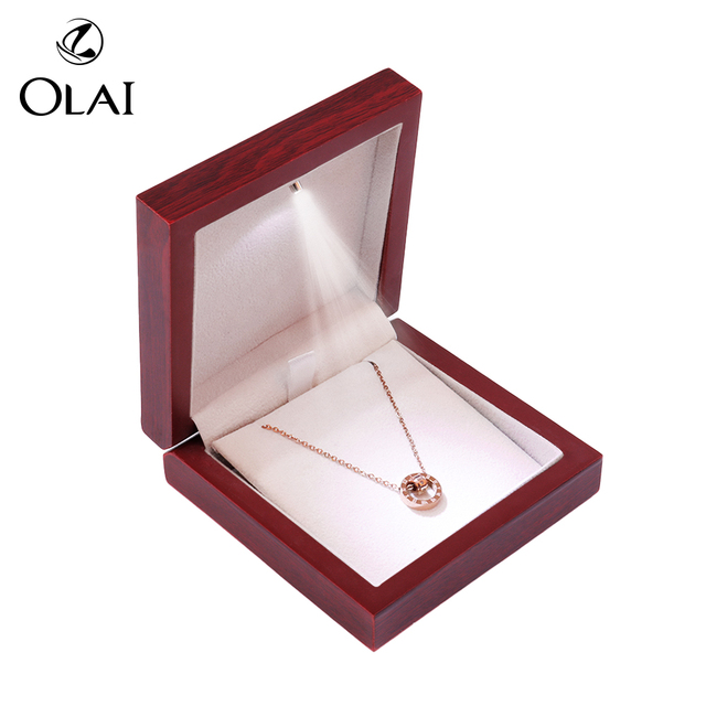LED Wood Grain Paper MDF Luxury Pendant Box Premium Light Wooden Jewelry Container with Custom Logo for Wedding Ring