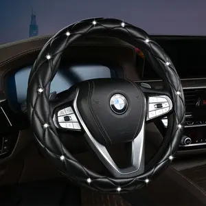 Factory Hotsales Non-Slip Leather Car Steering Wheel Cover 38cm Universal Bling Diamond Design For Women and Girls